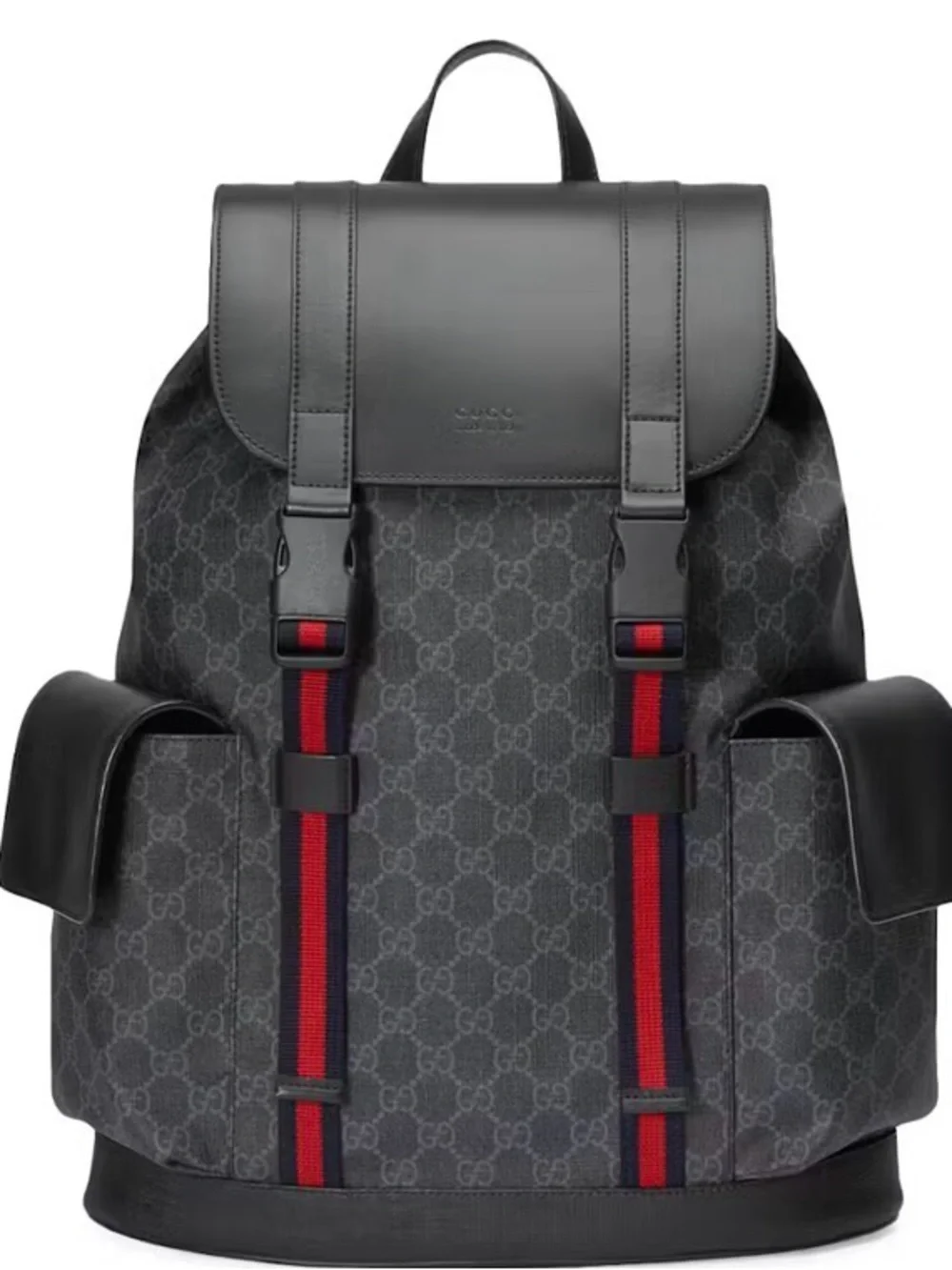 Brand New Gucci  Black GG Supreme Backpack with Red and Blue Web Straps